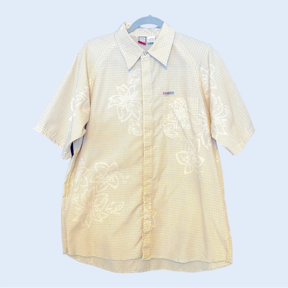 Vintage OP Yellow Polyester Plaid Short Sleeve Shirt  with Floral imprint Mens M - Picture 1 of 13